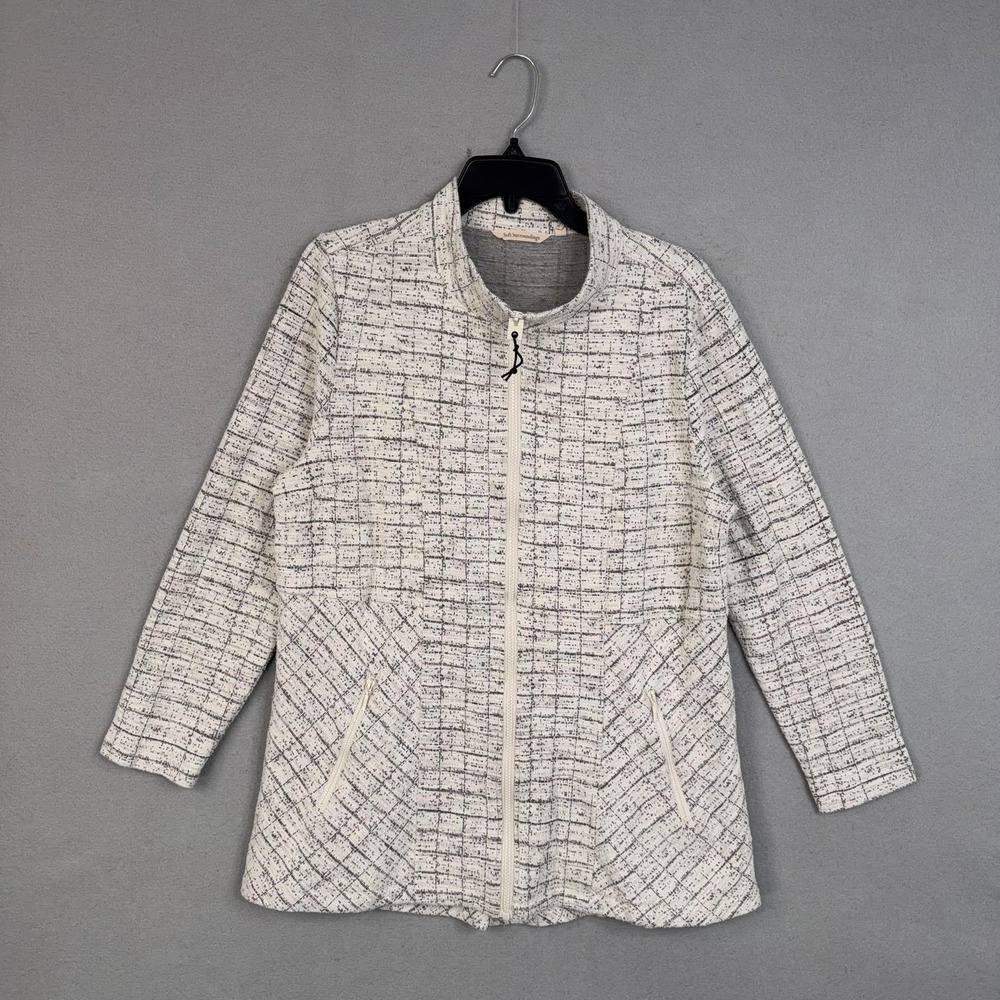 Soft Surroundings Jacket Womens XL White Check Knit Full Zip Pockets Art To Wear
